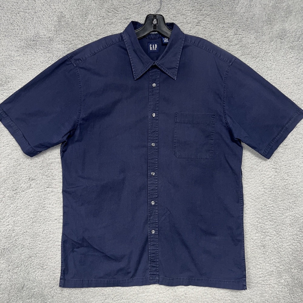 VTG Gap Shirt Men's XL Blue Stretch Short Sleeve Button Up Pocket Hong Kong Y2K
